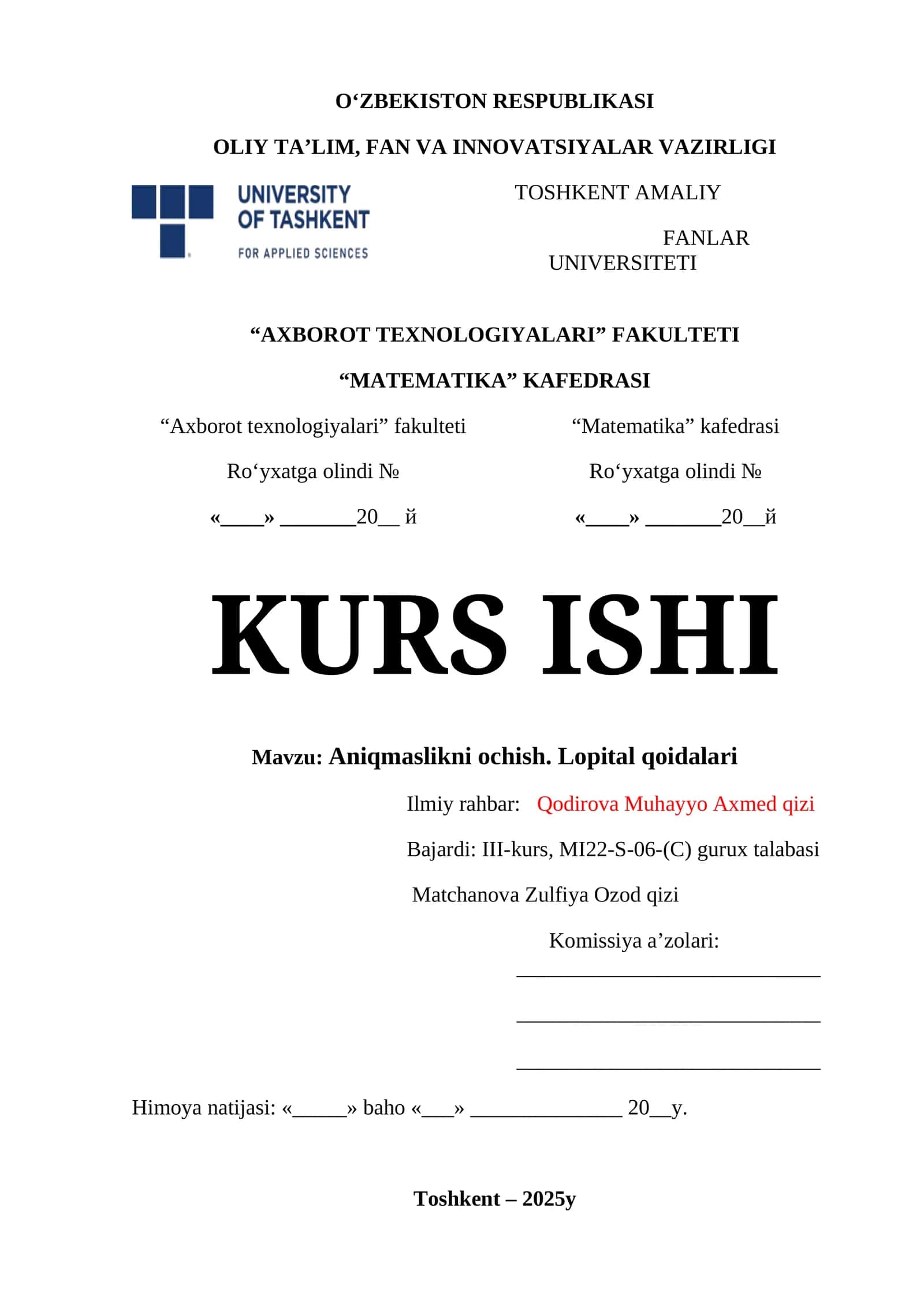 Aniqmaslikni ochish. Lopital qoidalari 1