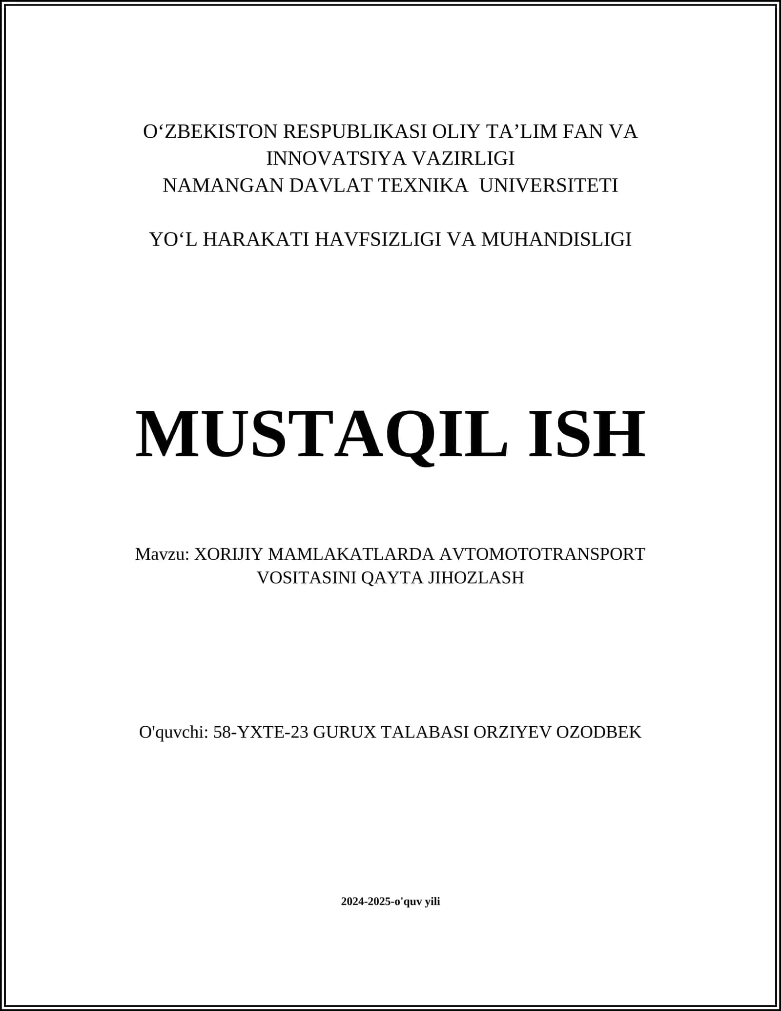 XORIJIY MAMLAKATLARDA AVTOMOTOTRANSPORT VOSITASINI QAYTA JIHOZLASH 1
