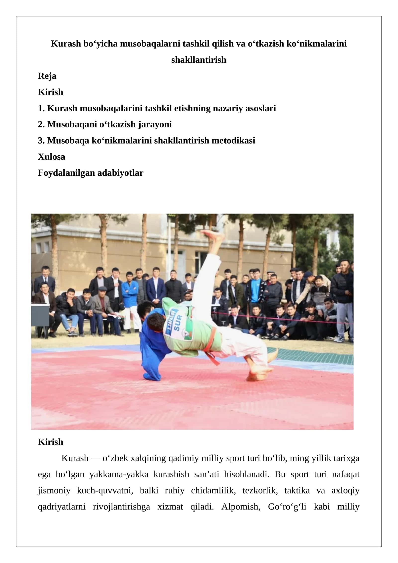 Kurash bo‘yicha musobaqalarni tashkil qilish va o‘tkazish ko‘nikmalarini shakllantirish 1