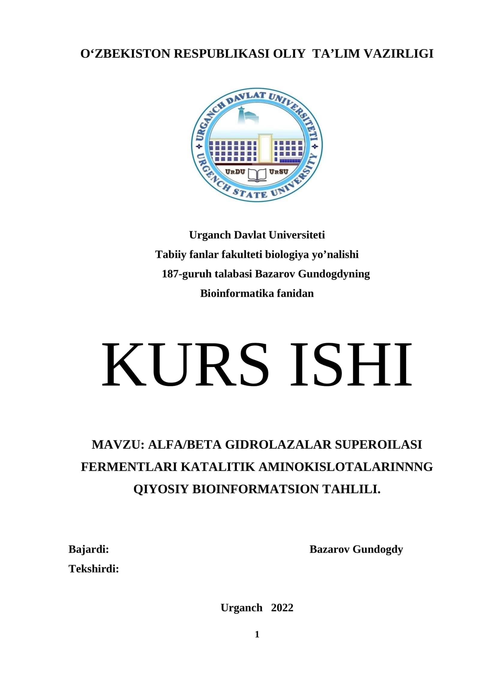 ALFA/BETA GIDROLAZALAR SUPEROILASI FERMENTLARI KATALITIK AMINOKISLOTALARINNNG QIYOSIY BIOINFORMATSION TAHLILI 1