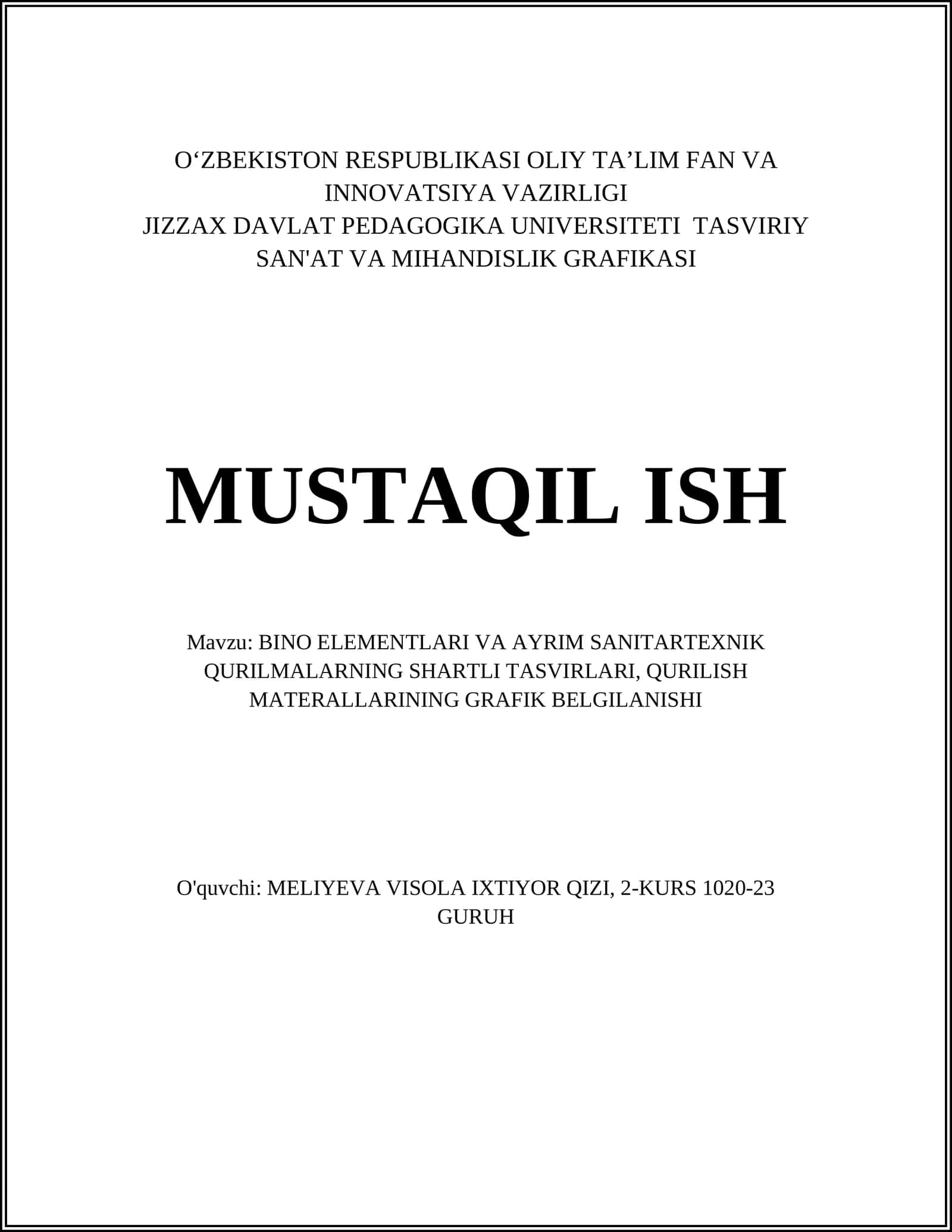 BINO ELEMENTLARI VA AYRIM SANITARTEXNIK QURILMALARNING SHARTLI TASVIRLARI, QURILISH MATERALLARINING GRAFIK BELGILANISHI 1