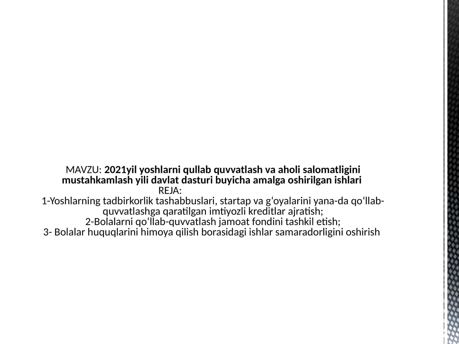 2021 yili yoshlar ni qo'llab-quvvatlash va ahvoli salomatligini mustahkamlash yili 1