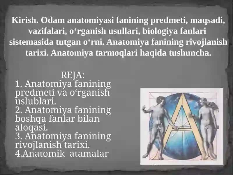 Kirish. Odam anatomiyasi fanining predmeti, maqsadi, vazifalari, o‘rganish usullari, biologiya fanlari sistemasida tutgan o‘rni. Anatomiya fanining rivojlanish tarixi. Anatomiya tarmoqlari haqida tushuncha.