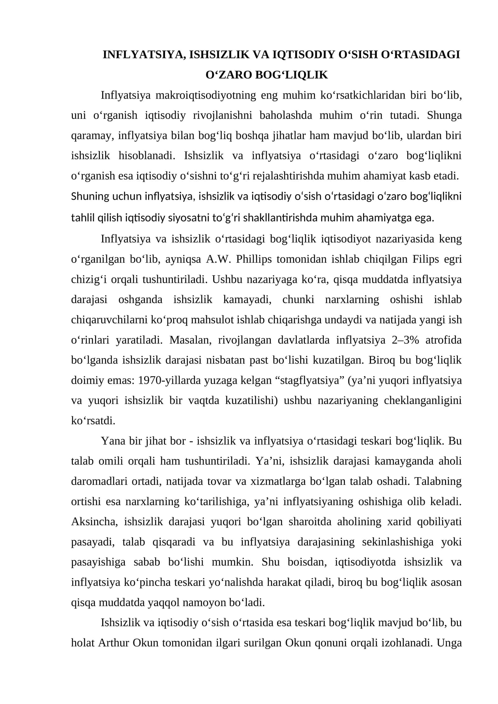 Esse: inflyatsiya va ishsizlik o'rtasidagi bog'liqlik 1