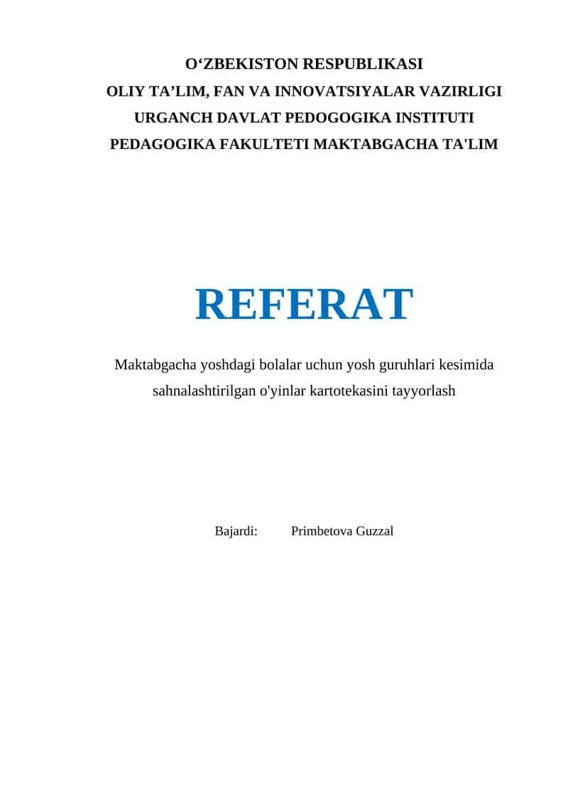 Maktabgacha yoshdagi bolalar uchun yosh guruhlari kesimida sahnalashtirilgan o'yinlar kartotekasini tayyorlash 1
