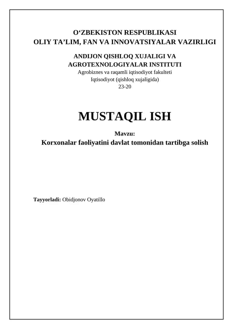 Korxonalar faoliyatini davlat tomonidan tartibga solish 1