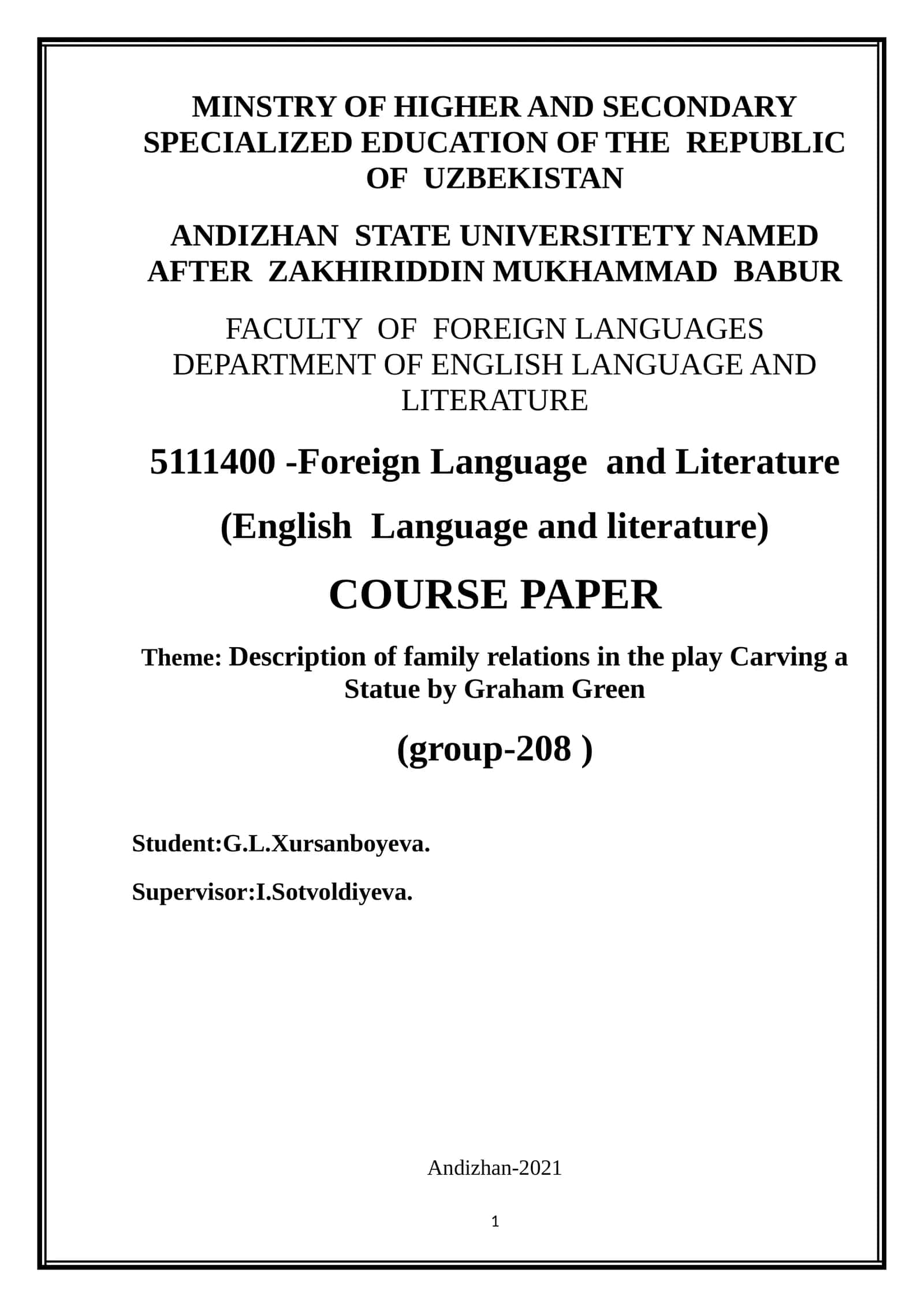 Course Paper: Description of Family Relations in the Play Carving a Statue by Graham Green 1