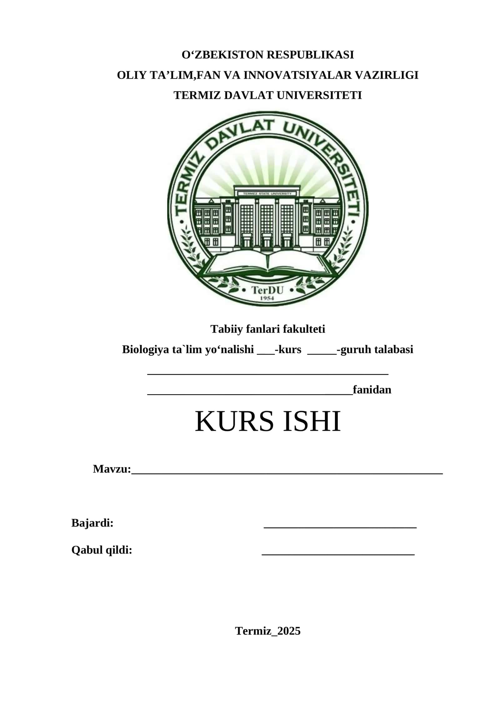 KURS ISHI (Biologiya ta'lim yo‘nalishi) 1
