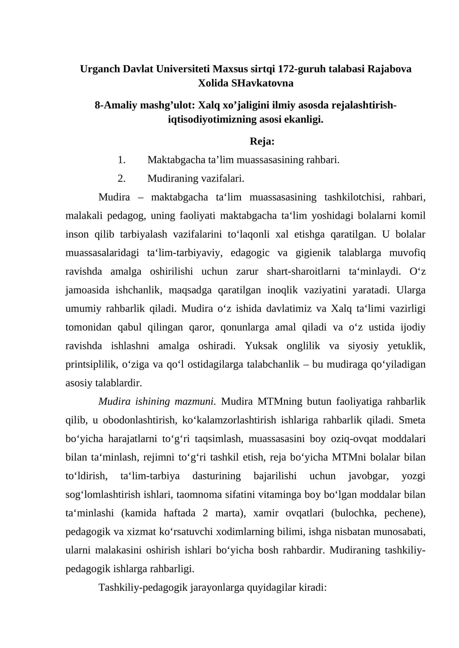 Amaliy mashg’ulot: Xalq xo’jaligini ilmiy asosda rejalashtirish 1