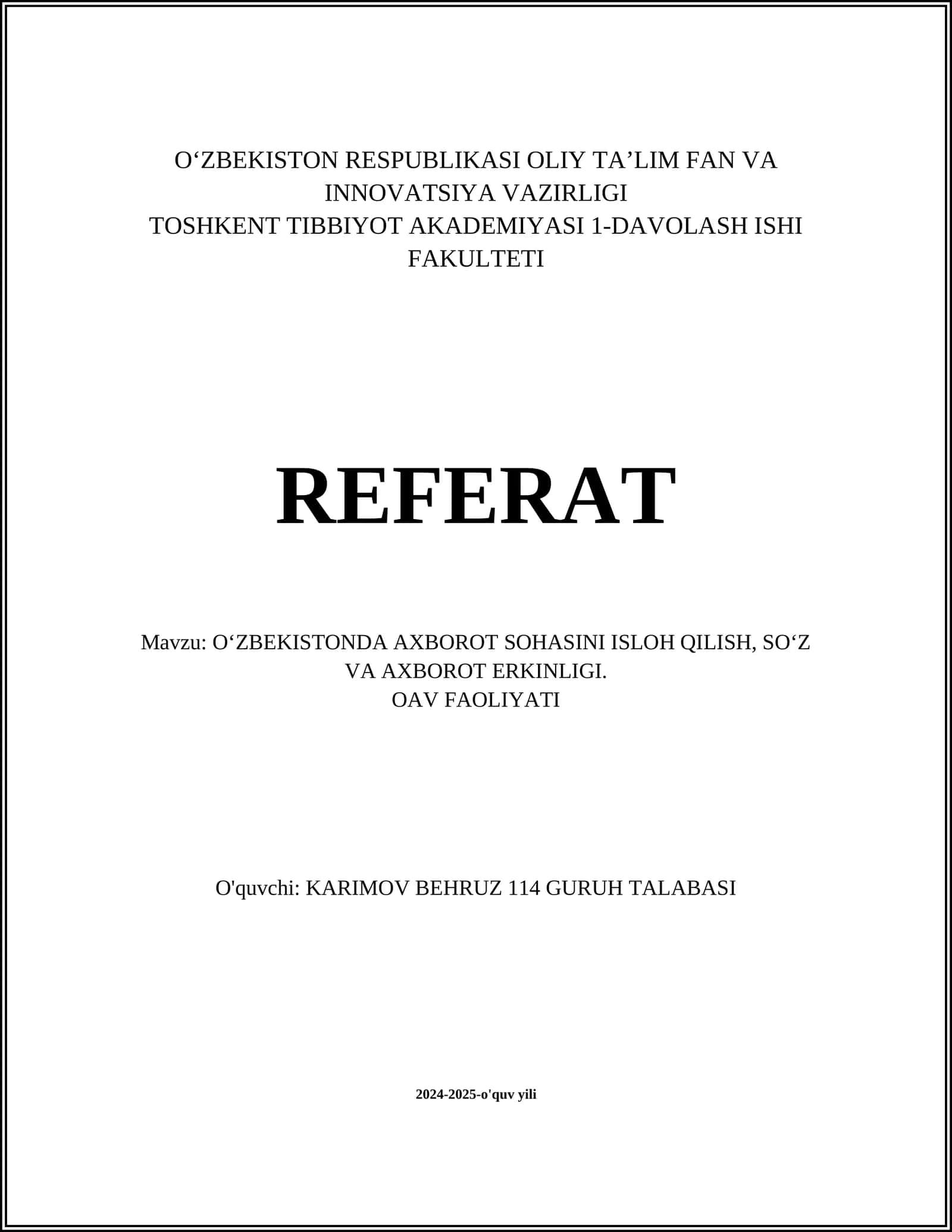 O‘ZBEKISTONDA AXBOROT SOHASINI ISLOH QILISH, SO‘Z VA AXBOROT ERKINLIGI 1