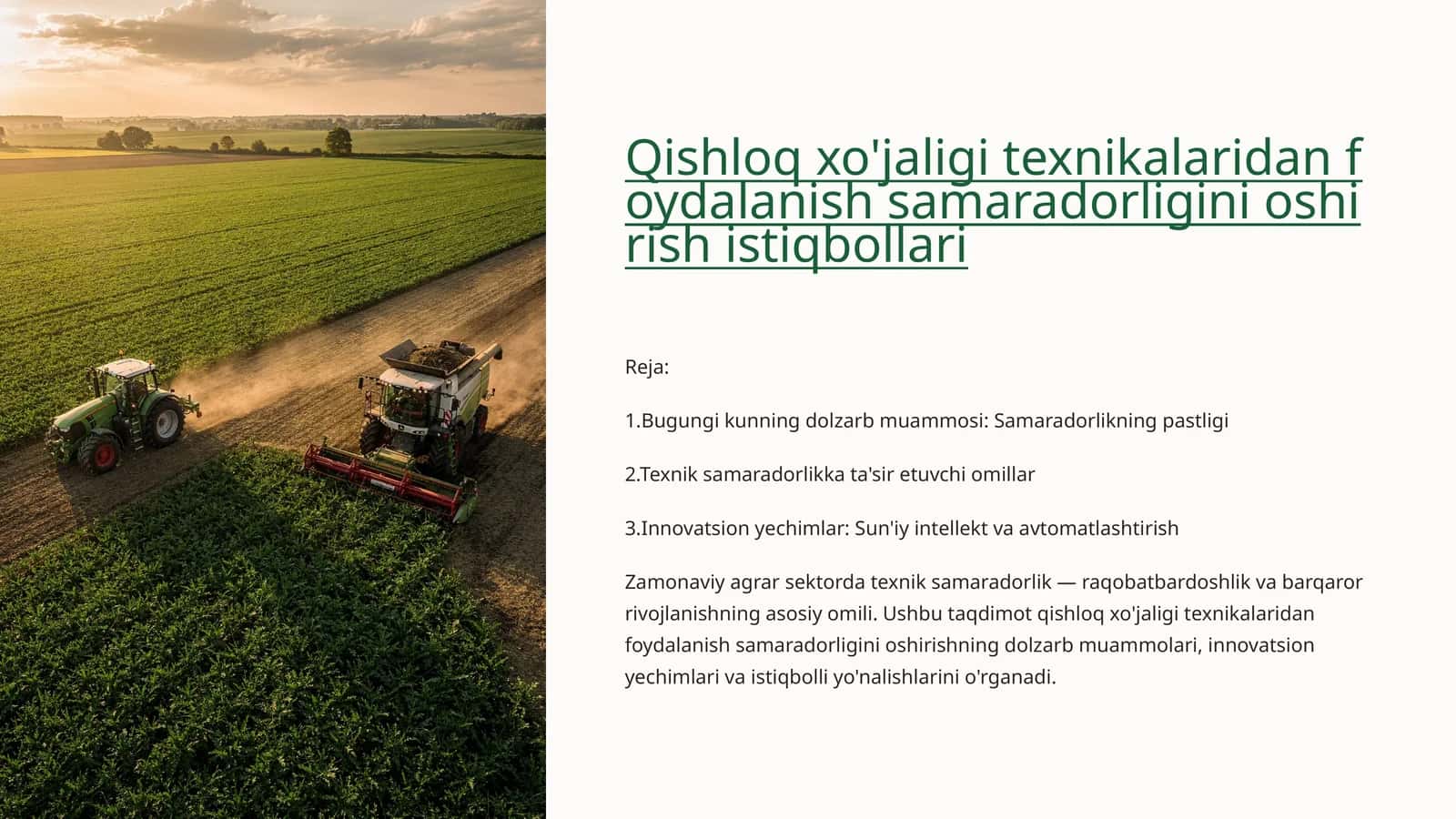 Qishloq xo'jaligi texnikalaridan foydalanish samaradorligini oshirish istiqbollari 1