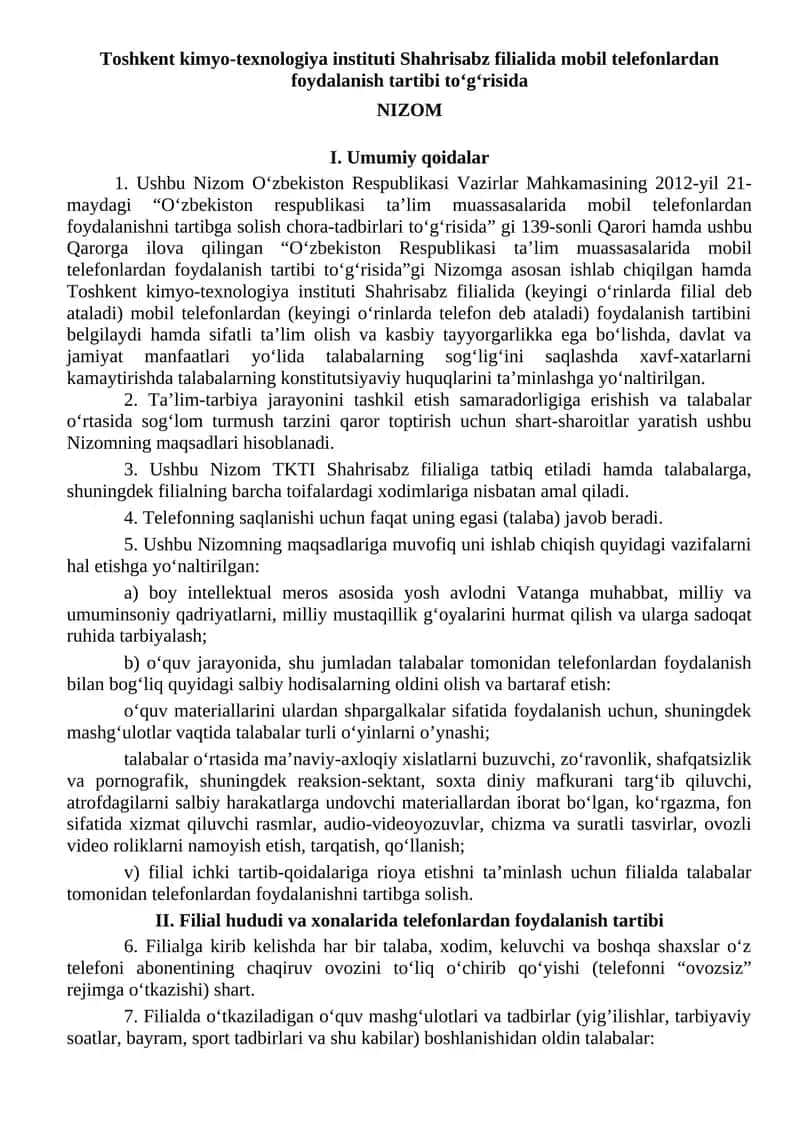 Mobil telefonlardan foydalanish tartibi Nizomi 1