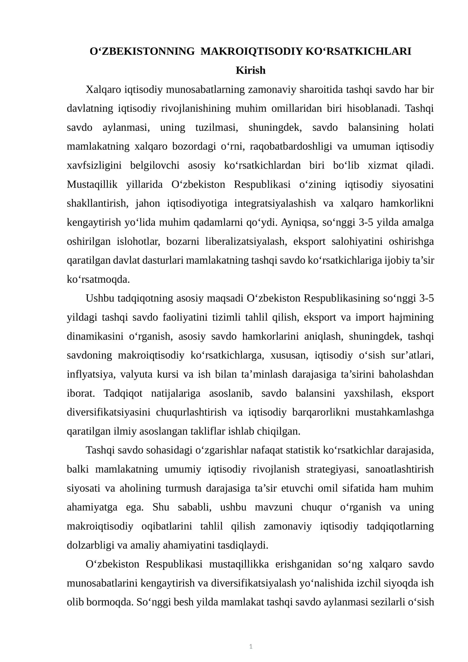 O‘ZBEKISTONNING MAKROIQTISODIY KO‘RSATKICHLARI 1