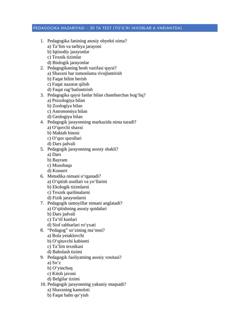 Pedagogika nazariyasi 30 ta test 1