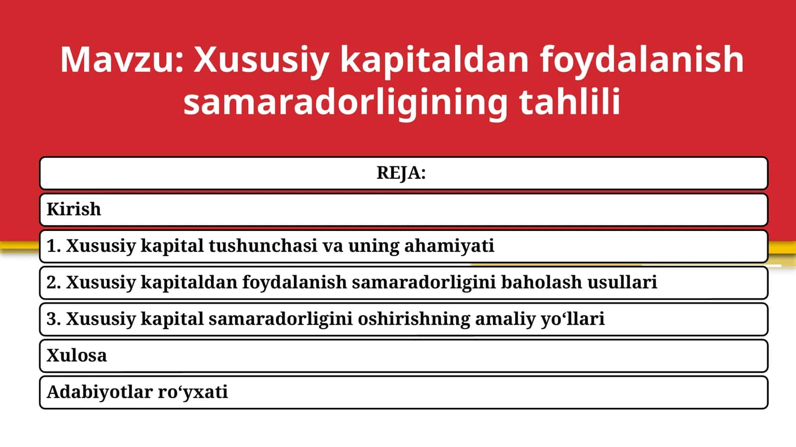 Xususiy kapitaldan foydalanish samaradorligining tahlili 1