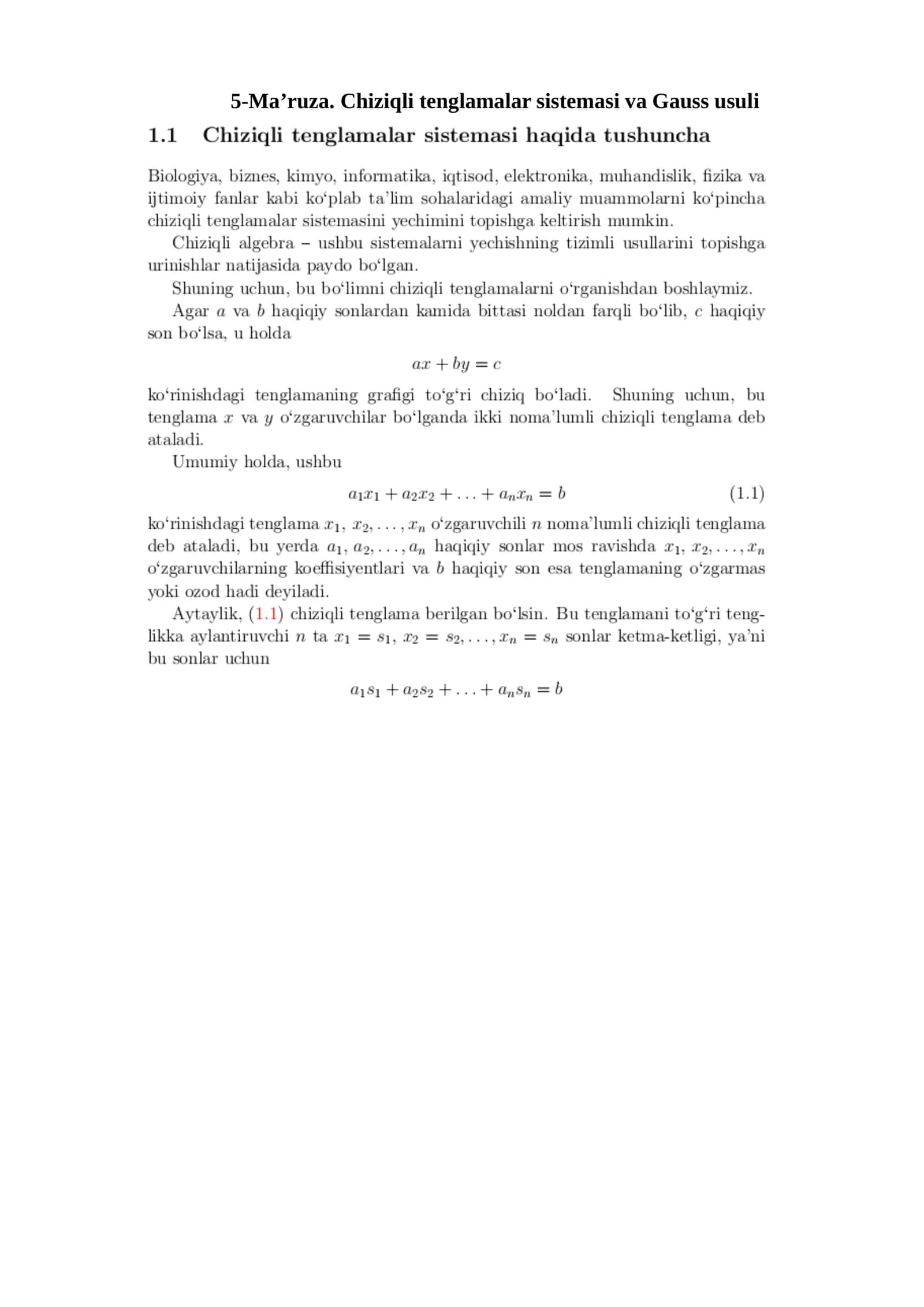 5-Ma’ruza. Chiziqli tenglamalar sistemasi va Gauss usuli 1