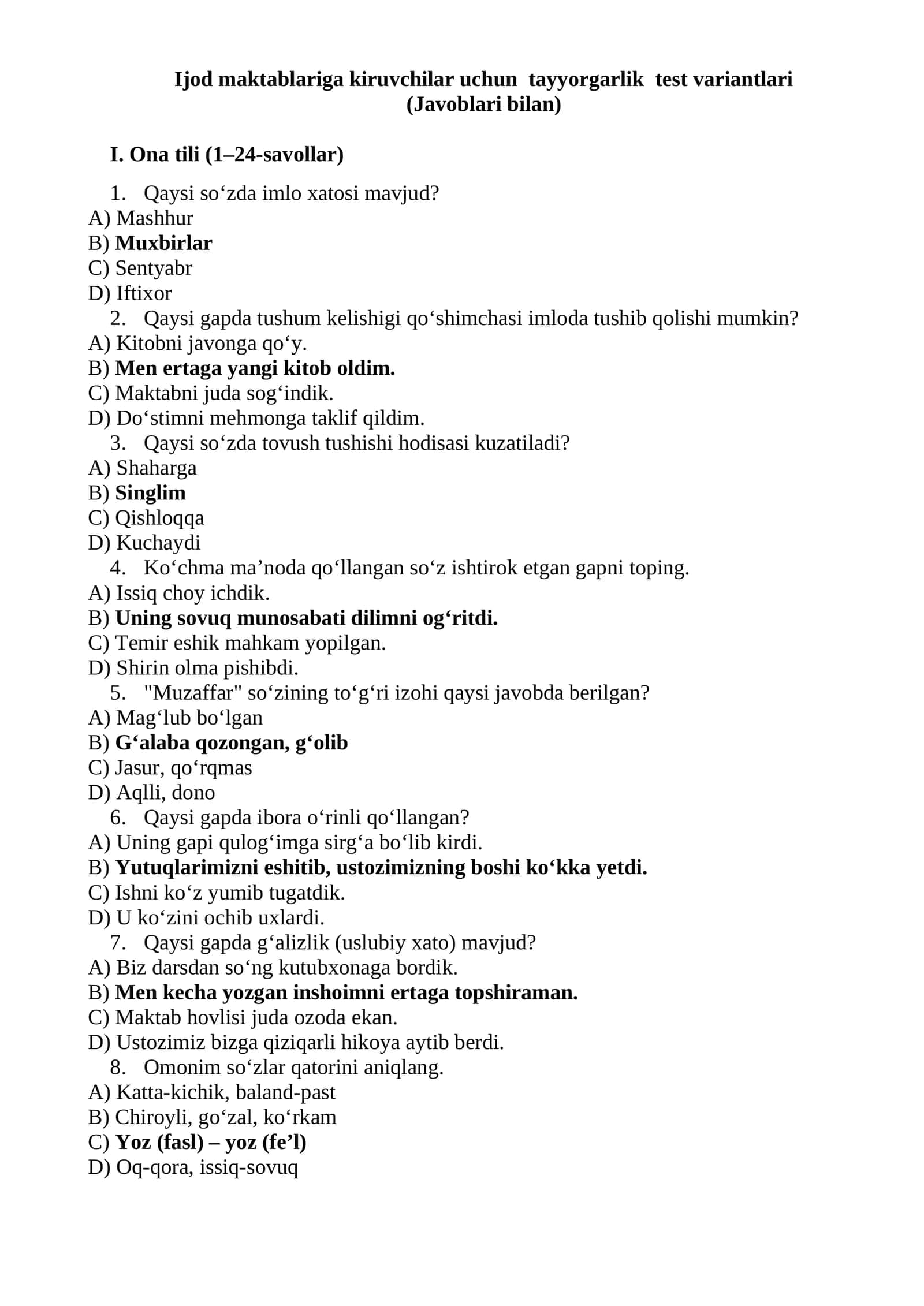 Ijod maktablariga kiruvchilar uchun tayyorgarlik test variantlari 1