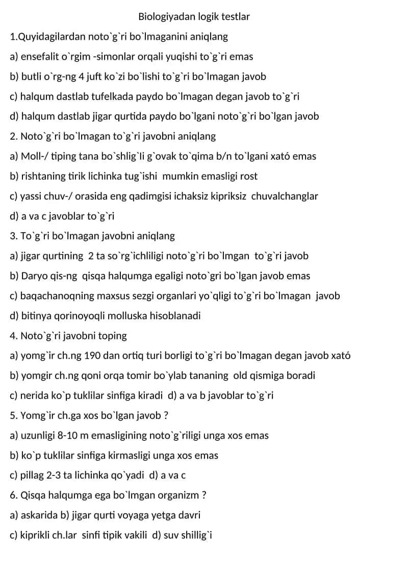 Biologiyadan logik testlar 1