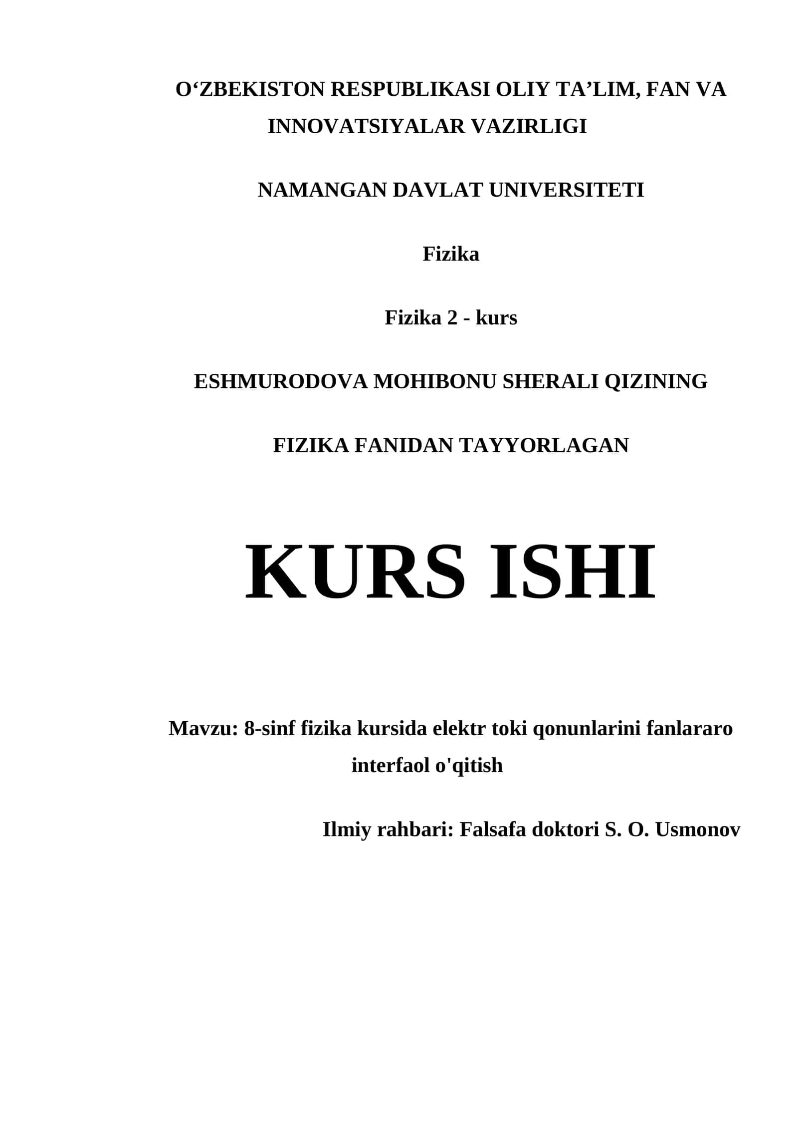 FIZIKA FANIDAN TAYYORLAGAN KURS ISHI 1