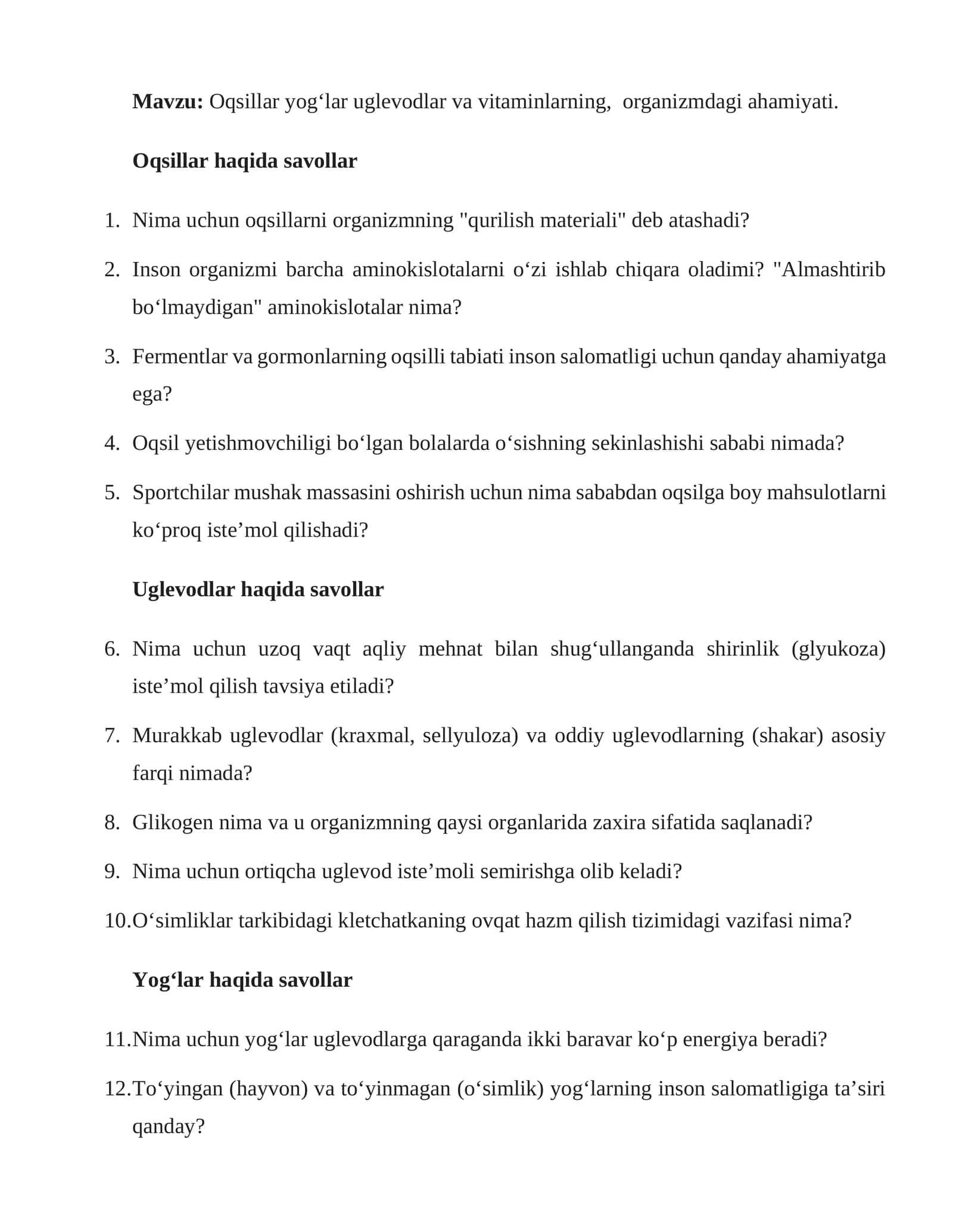 Oqsillar yog‘lar uglevodlar va vitaminlarning, organizmdagi ahamiyati 1