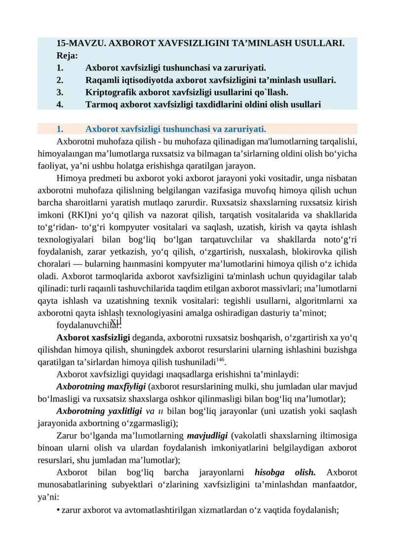 AXBOROT XAVFSIZLIGINI TA’MINLASH USULLARI 1