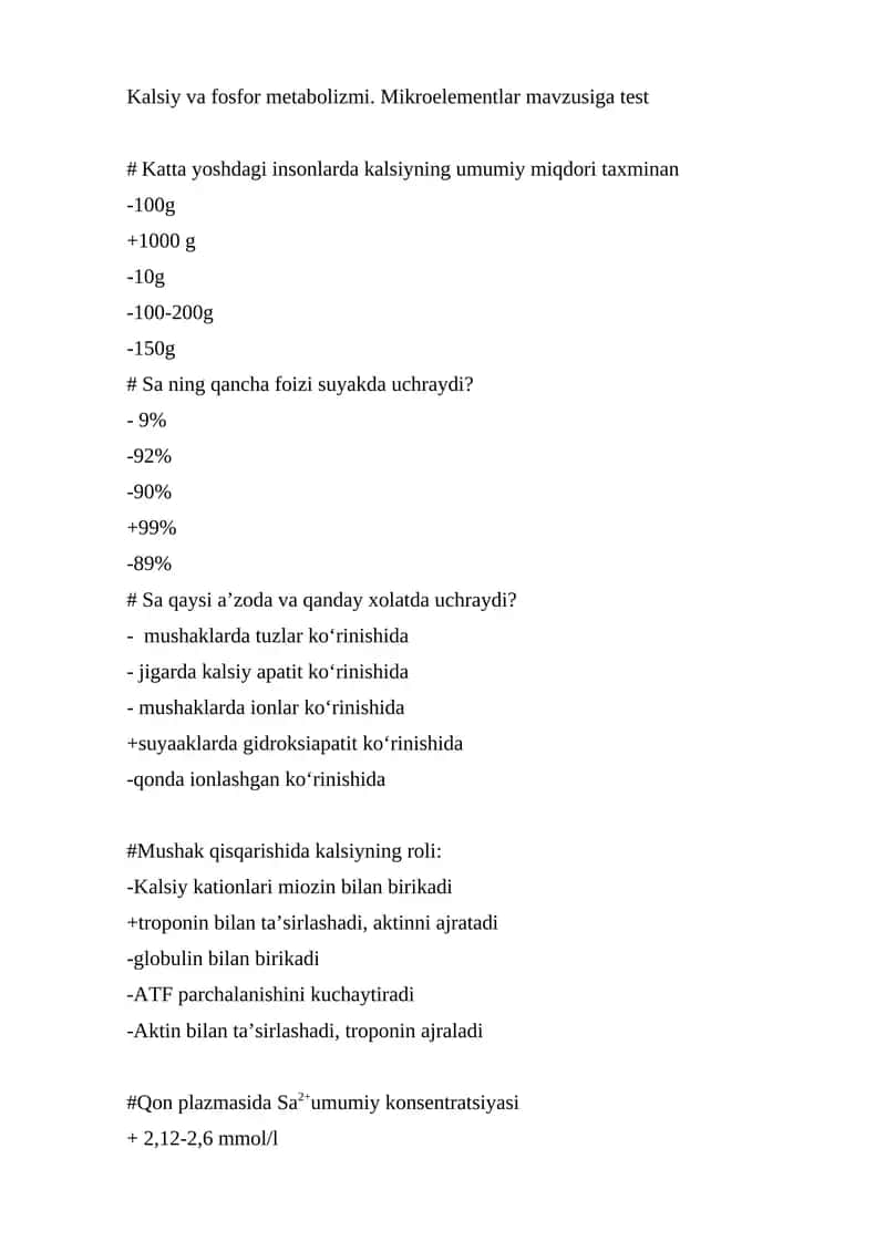 Kalsiy va fosfor metabolizmi. Mikroelementlar mavzusiga test 1