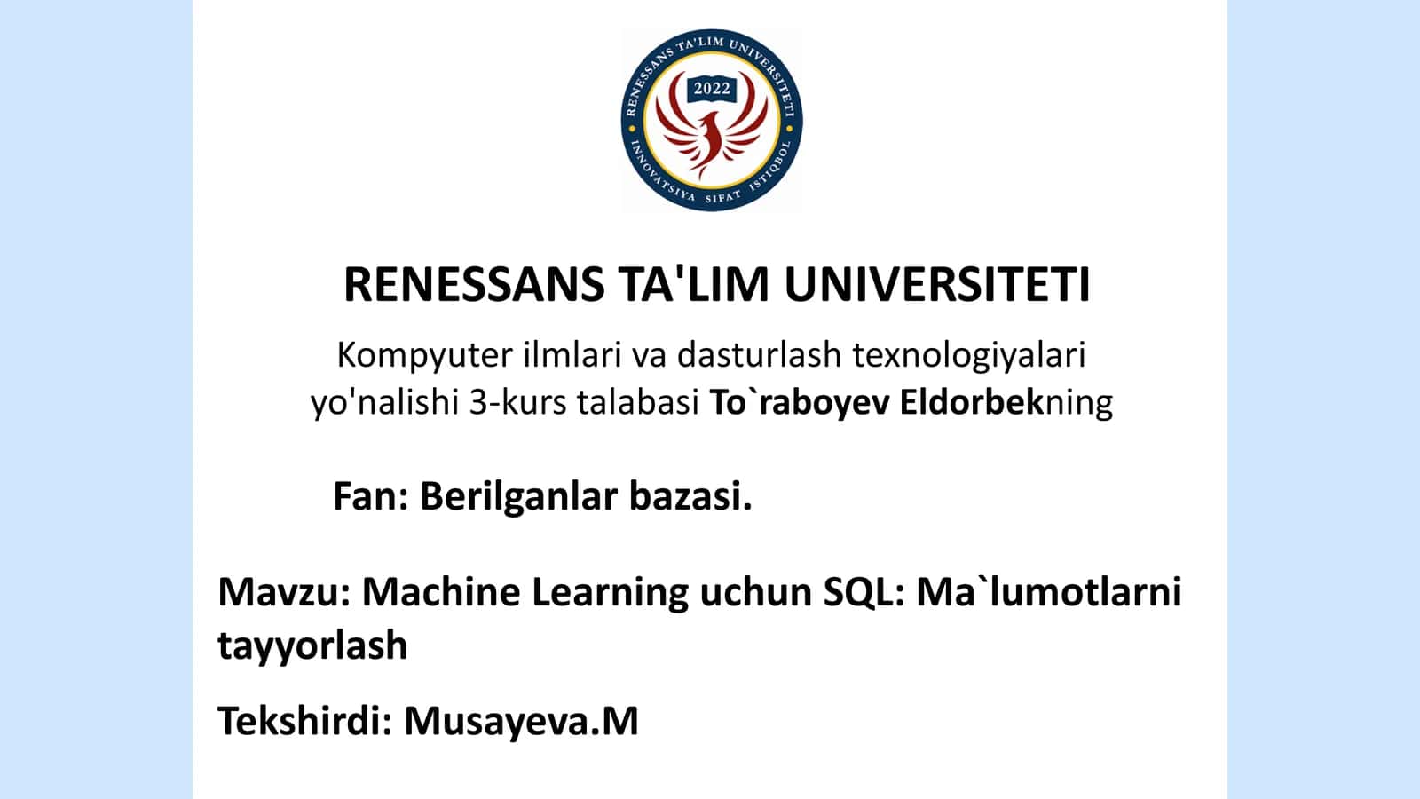 Machine Learning uchun SQL: Ma'lumotlarni Tayyorlash 1