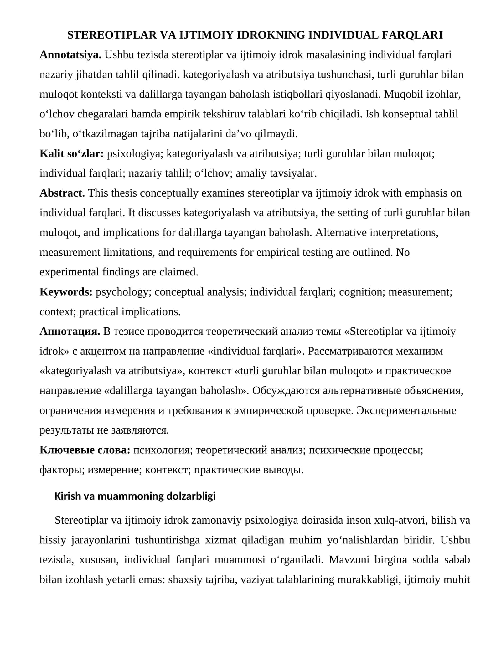 STEREOTIPLAR VA IJTIMOIY IDROKNING INDIVIDUAL FARQLARI 1