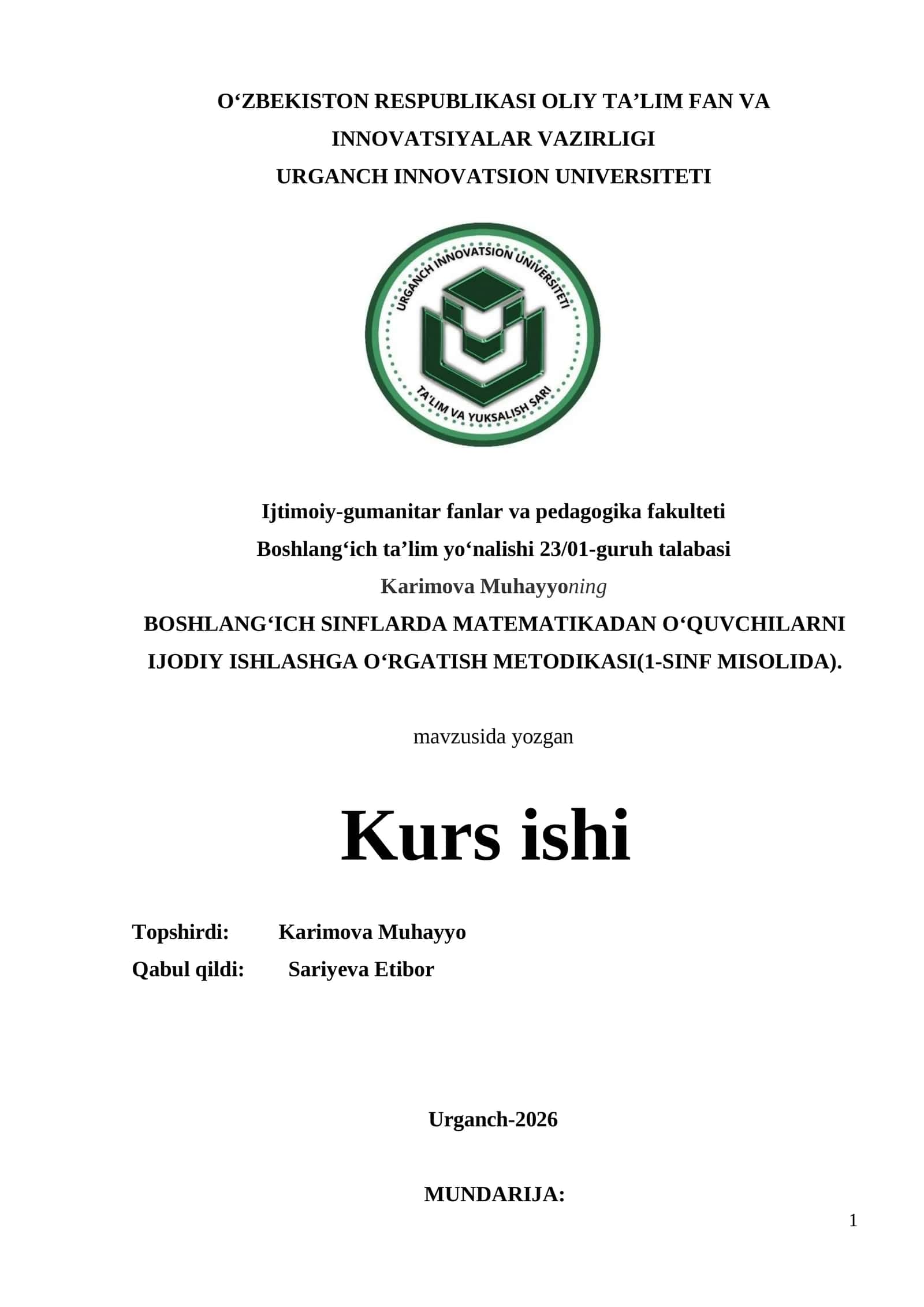 BOSHLANG‘ICH SINFLARDA MATЕMATIKADAN O‘QUVCHILARNI IJОDIY ISHLASHGA O‘RGATISH MЕTОDIKASI(1-SINF MISOLIDA) 1