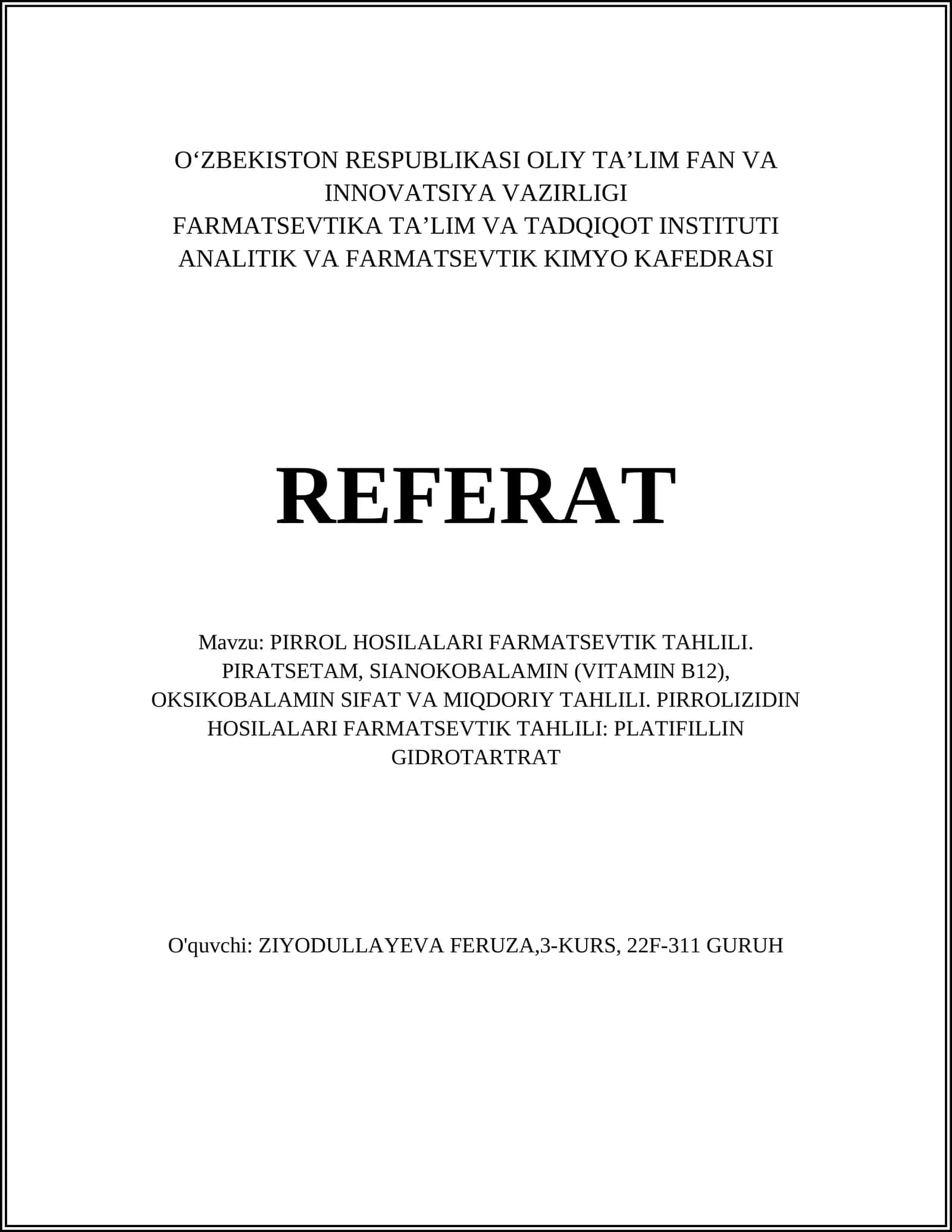 PIRROL HOSILALARI FARMATSEVTIK TAHLILI 1