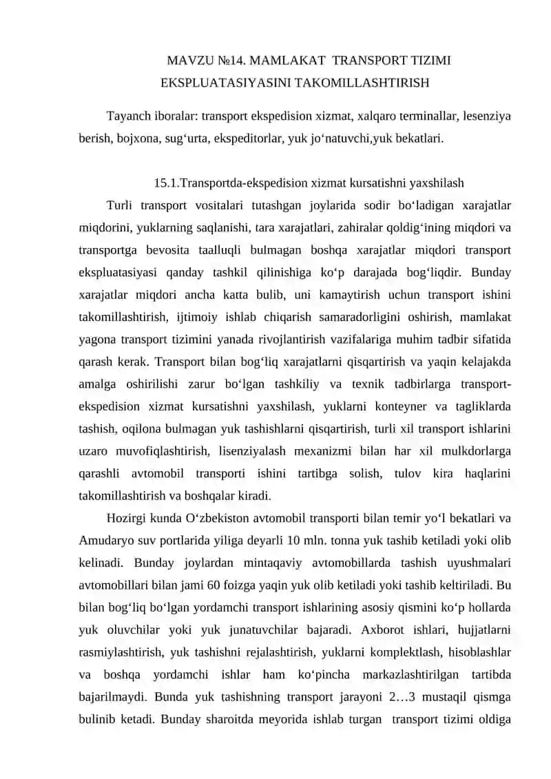 MАMLАKАT TRАNSPORT TIZIMI EKSPLUАTАSIYASINI TАKOMILLАSHTIRISH 1
