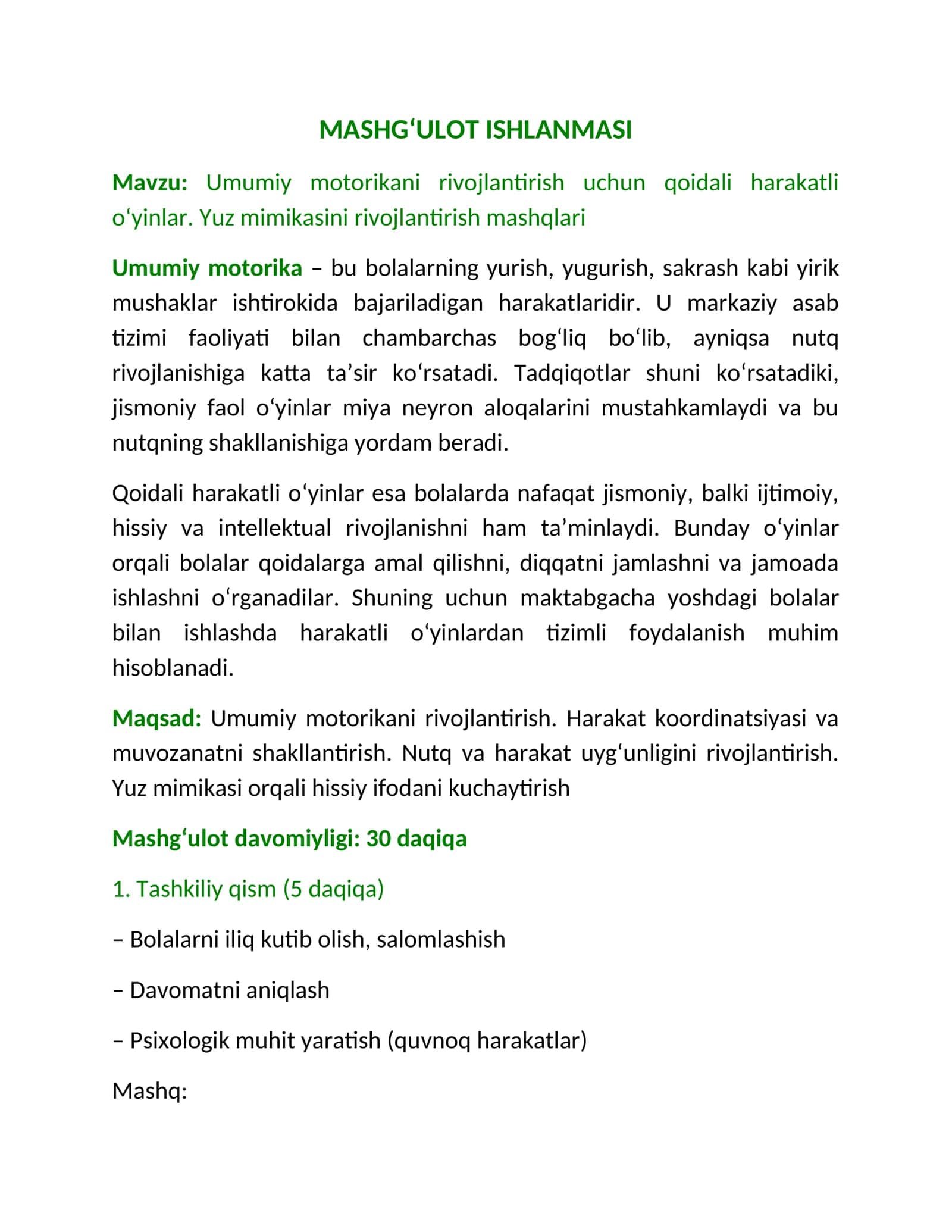 Umumiy motorikani rivojlantirish uchun qoidali harakatli o‘yinlar 1