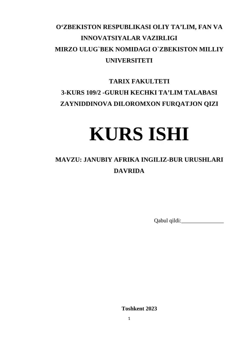 JANUBIY AFRIKA INGILIZ-BUR URUSHLARI DAVRIDA 1