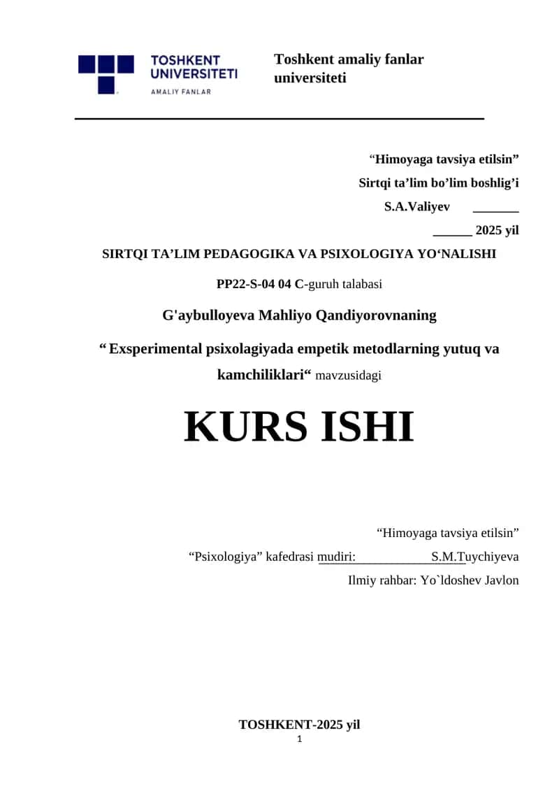 "Exsperimental psixolagiyada empetik metodlarning yutuq va kamchiliklari" 1