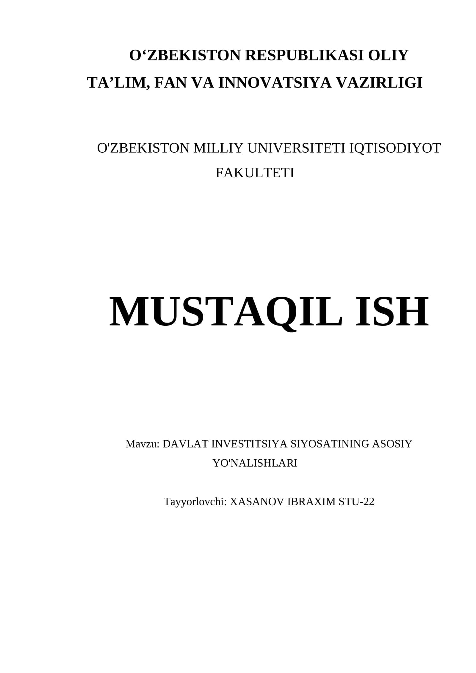 DAVLAT INVESTITSIYA SIYOSATINING ASOSIY YO'NALISHLARI 1
