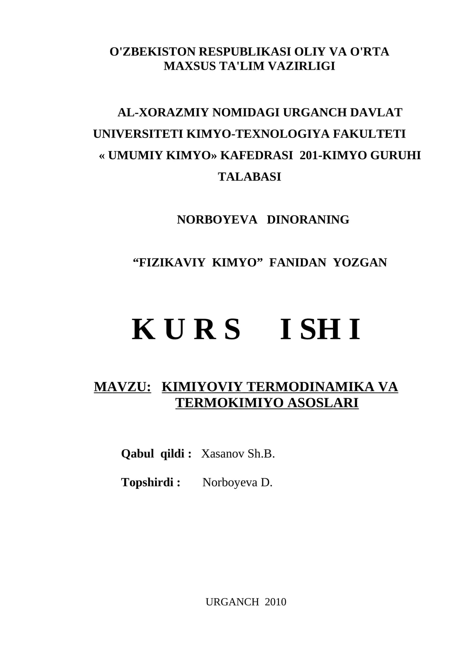 Kimiyoviy Termodinamika va Termokimiyo Asoslari 1
