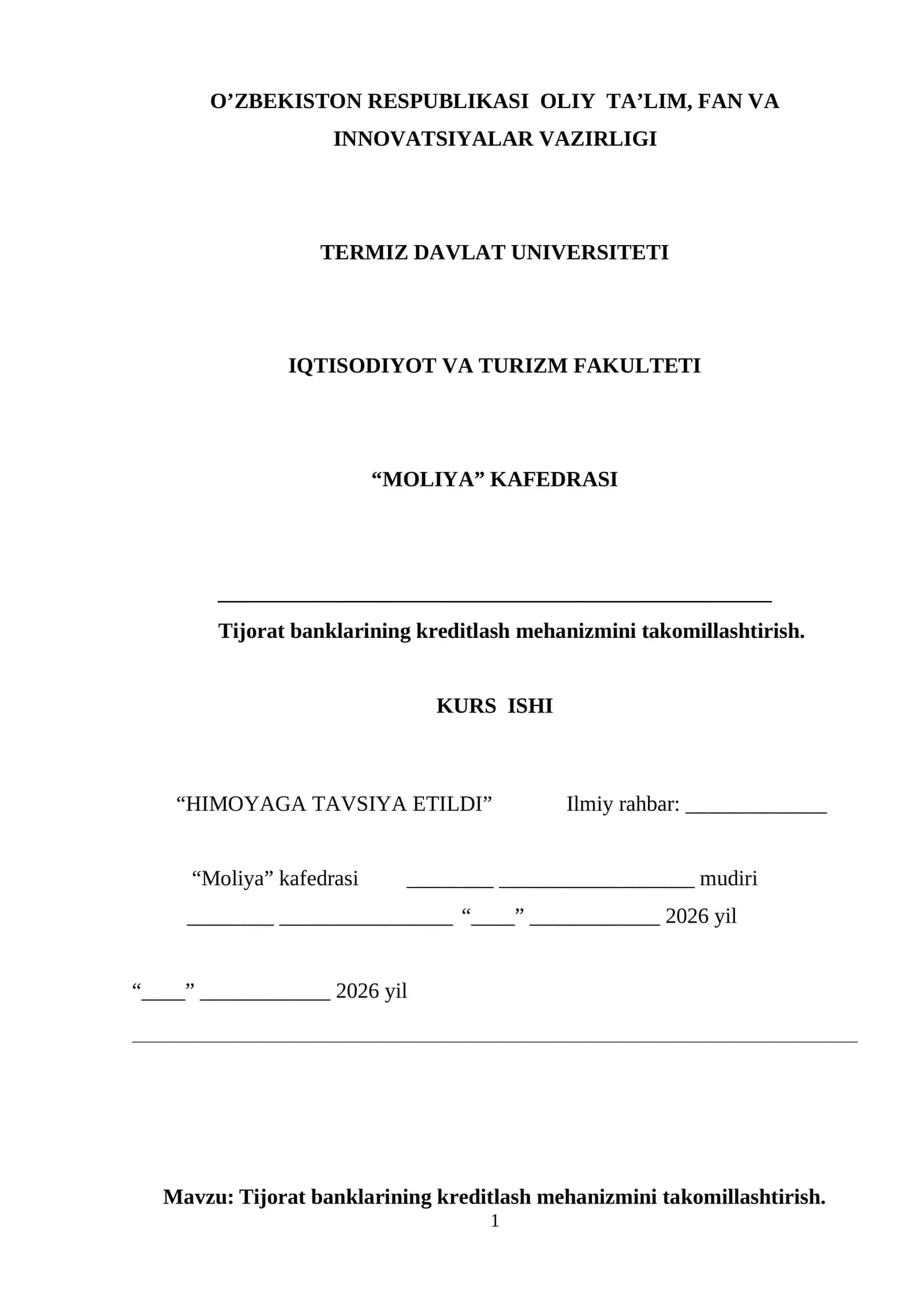 Tijorat banklarining kreditlash mehanizmini takomillashtirish 1