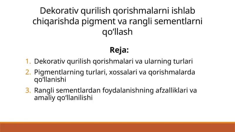 Dekorativ qurilish qorishmalarni ishlab chiqarishda pigment va rangli sementlarni qо‘llash 1