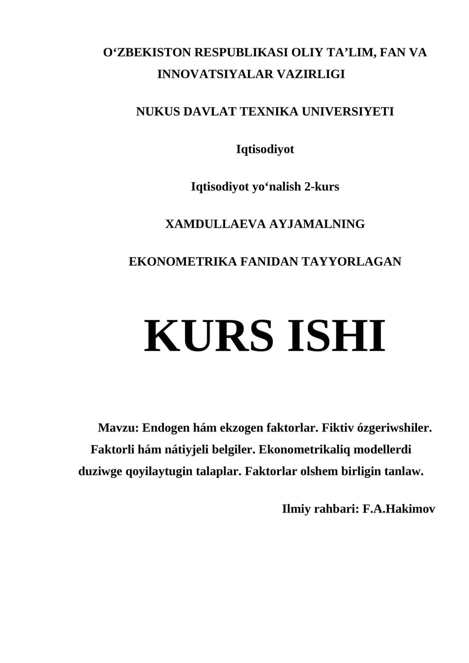EKONOMETRIKA FANIDAN TAYYORLAGAN KURS ISHI 1