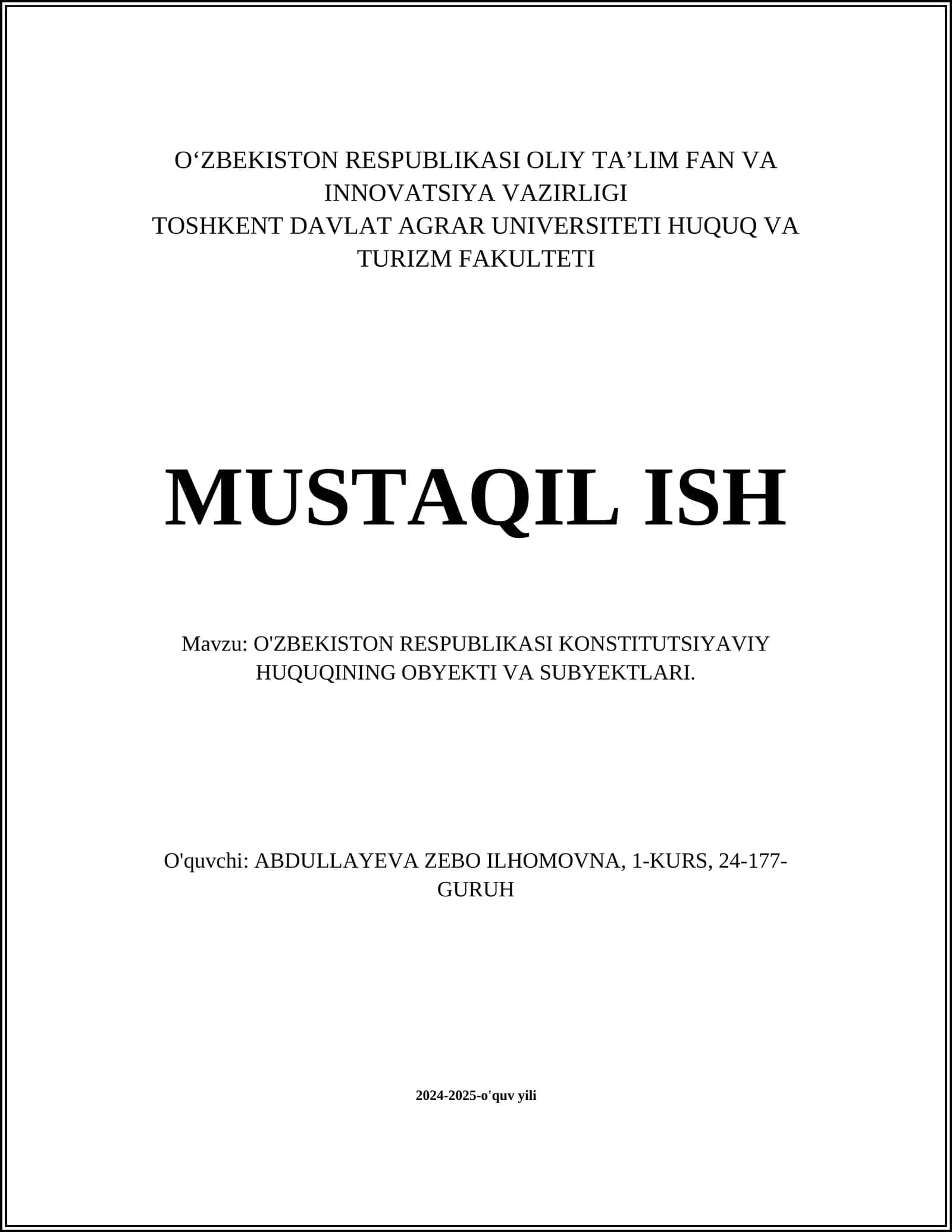 O'ZBEKISTON RESPUBLIKASI KONSTITUTSIYAVIY HUQUQINING OBYEKTI VA SUBYEKTLARI 1