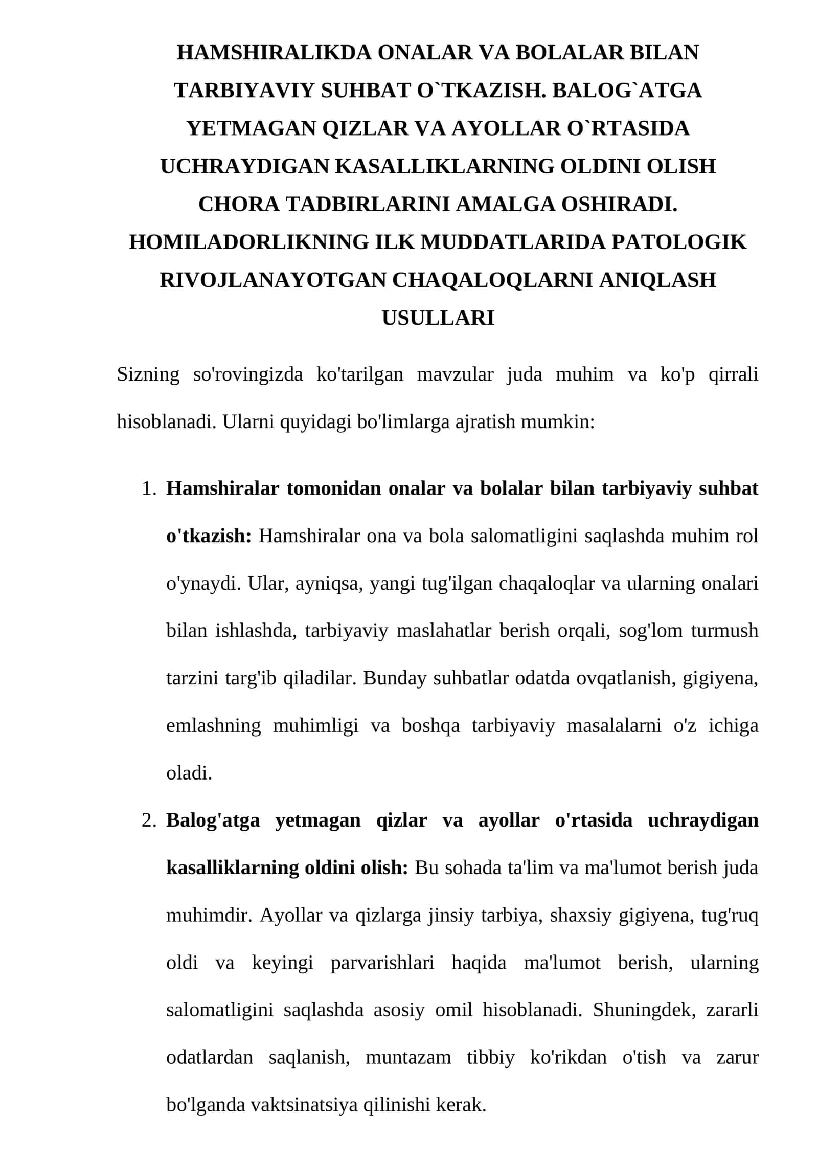 Hamshirlikda Onalar va Bolalar bilan Tarbiyaviy Suhbat O'tkazish 1