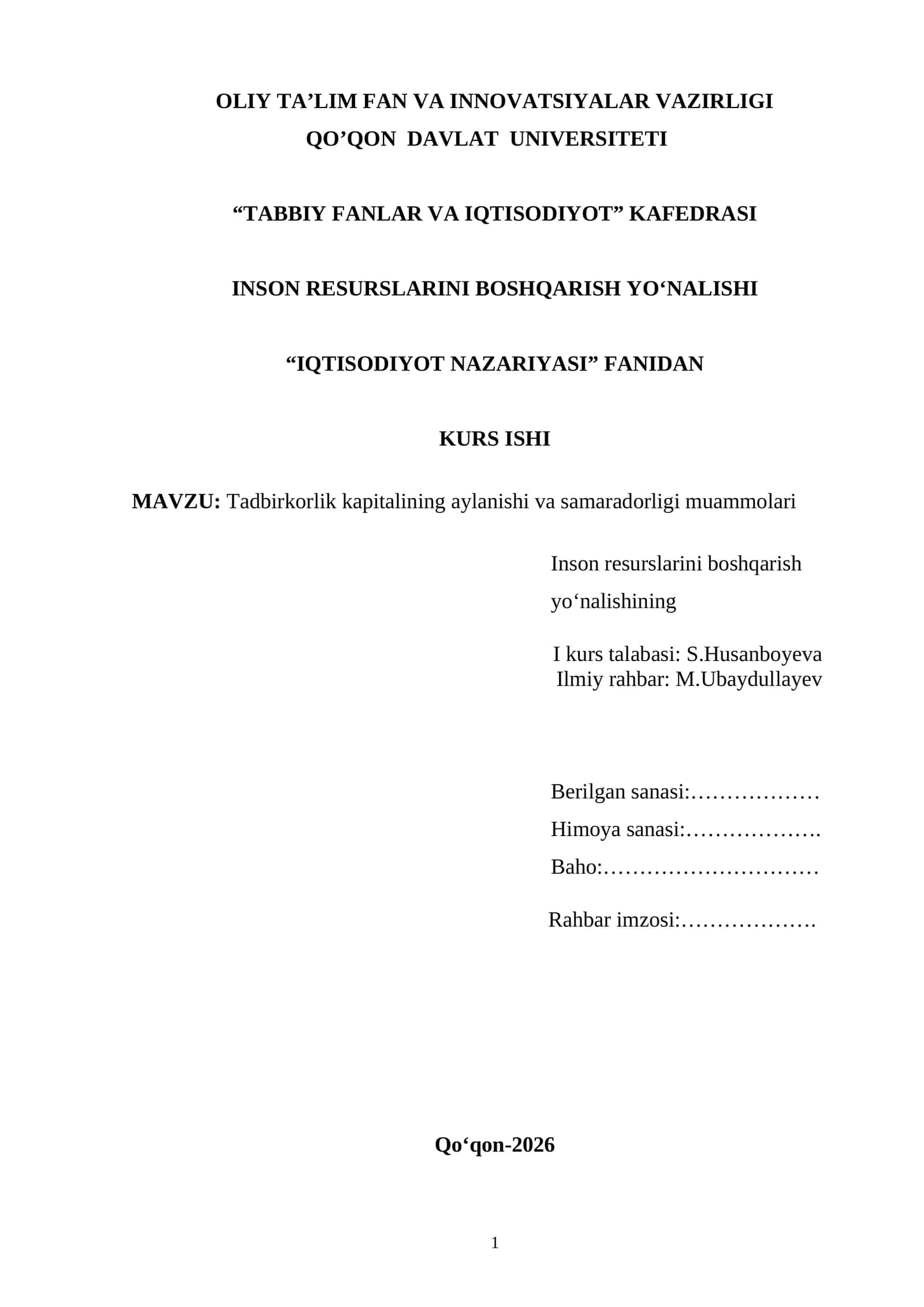 Tadbirkorlik kapitalining aylanishi va samaradorligi muammolari 1
