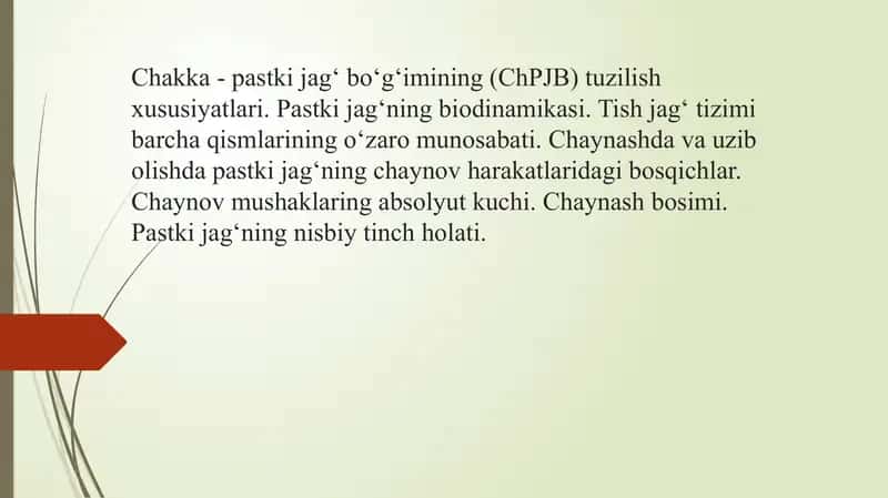 Chakka - pastki jag‘ bo‘g‘imining (ChPJB) tuzilish xususiyatlari. Pastki jag‘ning biodinamikasi. Tish jag‘ tizimi barcha qismlarining o‘zaro munosabati. Chaynashda va uzib olishda pastki jag‘ning chaynov harakatlaridagi bosqichlar. Chaynov mushaklaring absolyut kuchi. Chaynash bosimi. Pastki jag‘ning nisbiy tinch holati. 1