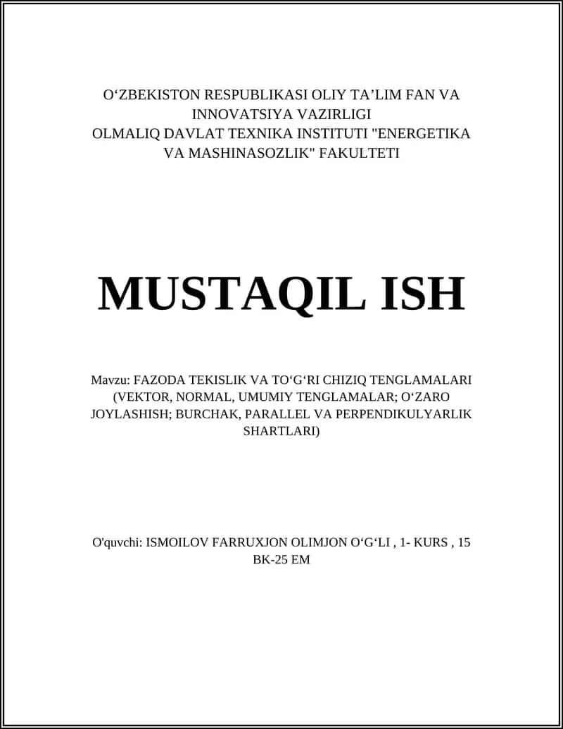 FAZODA TEKISLIK VA TO‘G‘RI CHIZIQ TENGLAMALARI 1