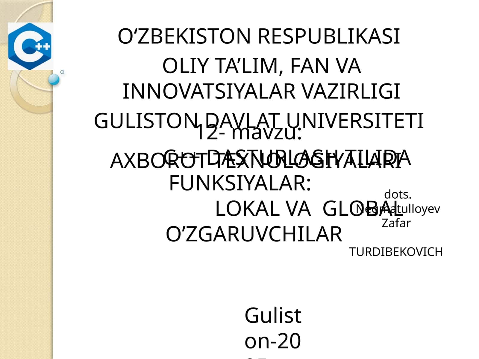 C++ DASTURLASH TILIDA FUNKSIYALAR 1