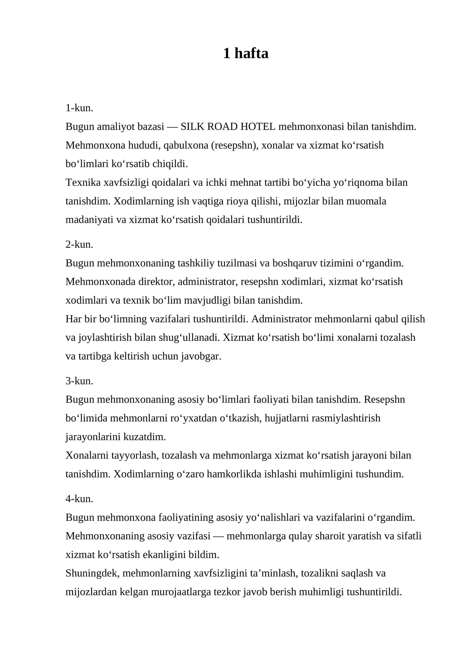 Amaliyot bazasi — SILK ROAD HOTEL mehmonxonasi bilan tanishdim 1