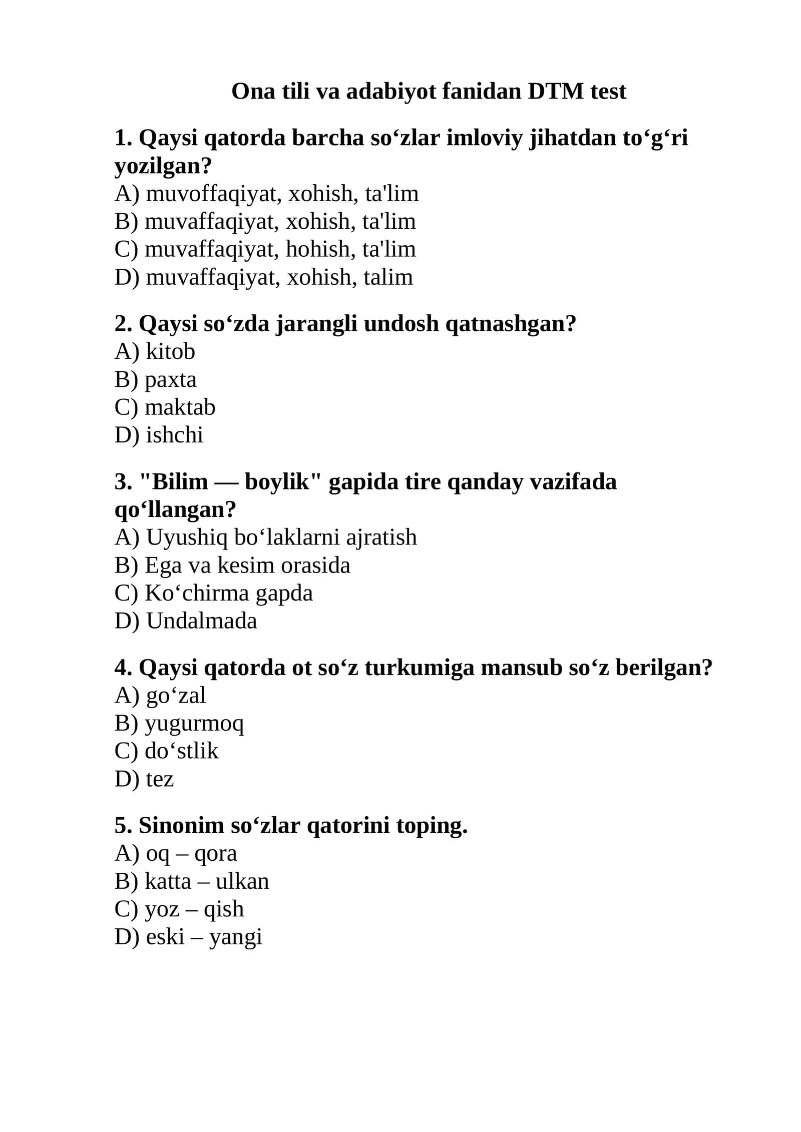 Ona tili va adabiyot fanidan DTM test 1