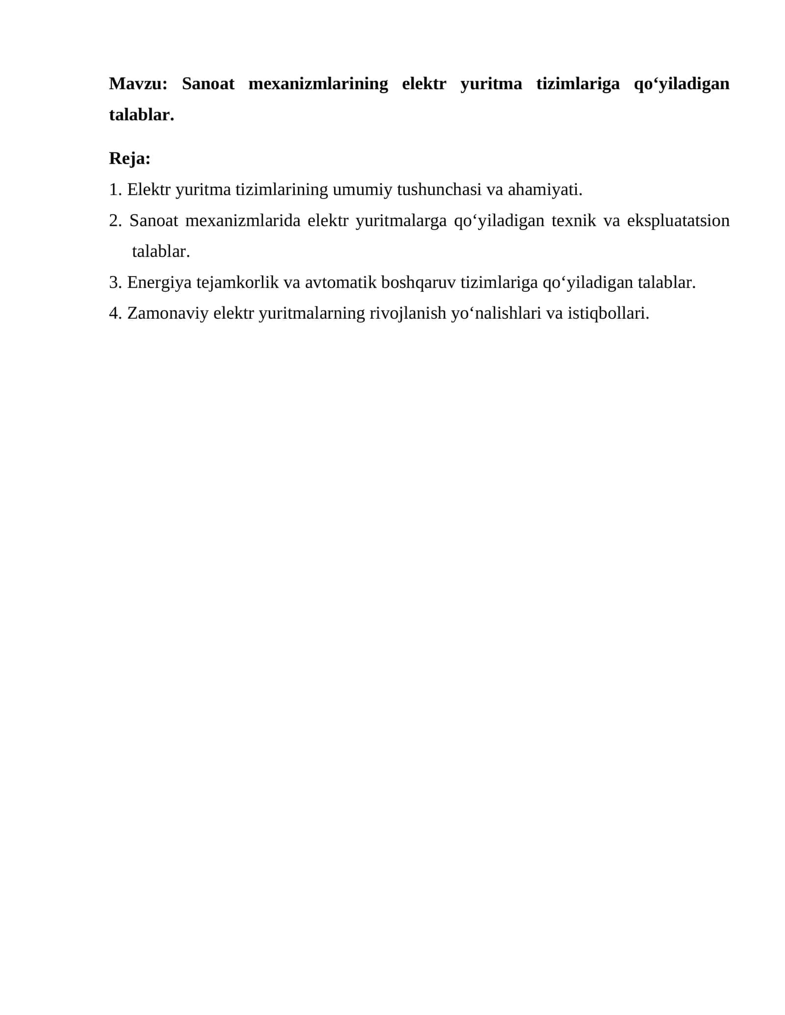 Elektr yuritma tizimlariga qo‘yiladigan talablar 1