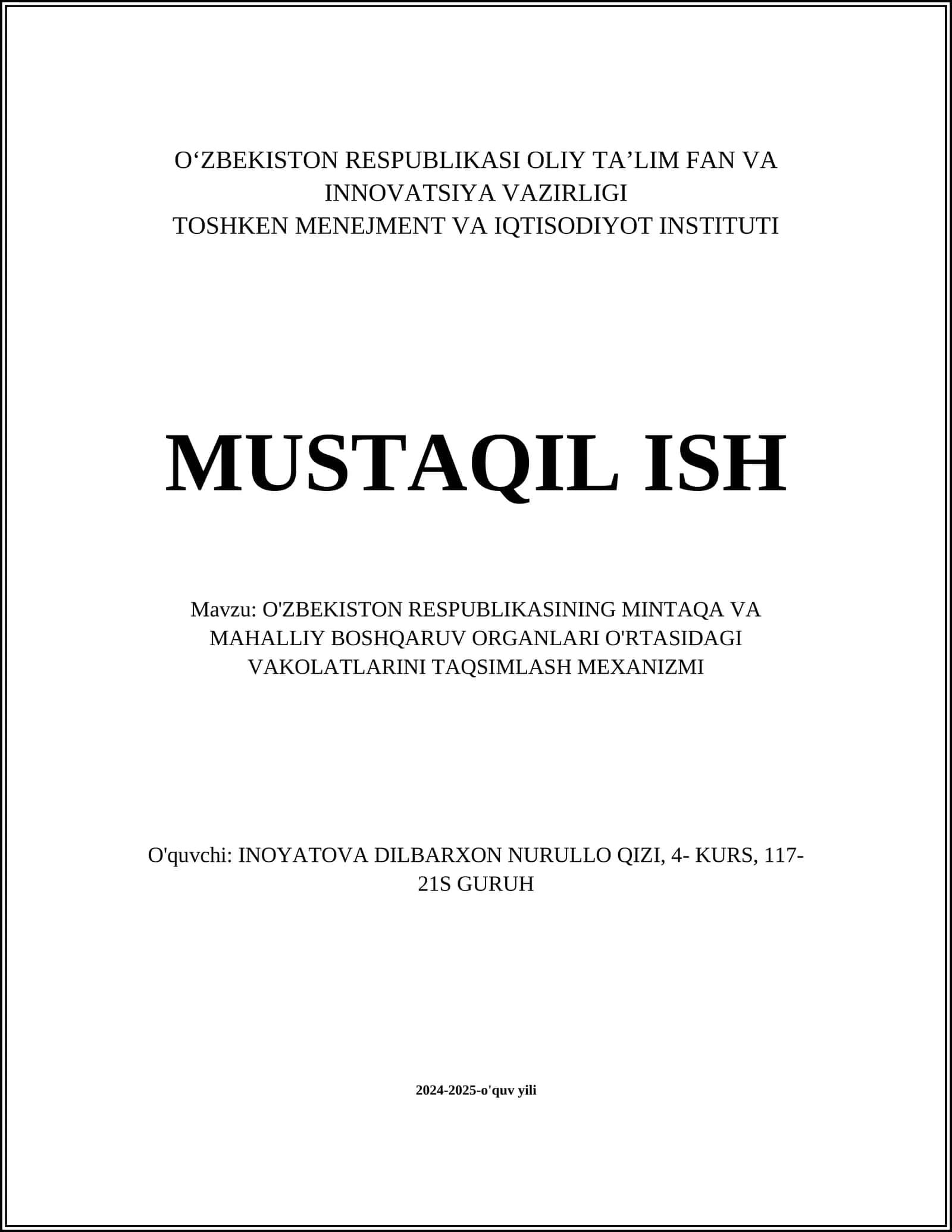 O'ZBEKISTON RESPUBLIKASINING MINTAQA VA MAHALLIY BOSHQARUV ORGANLARI O'RTASIDAGI VAKOLATLARINI TAQSIMLASH MEXANIZMI 1