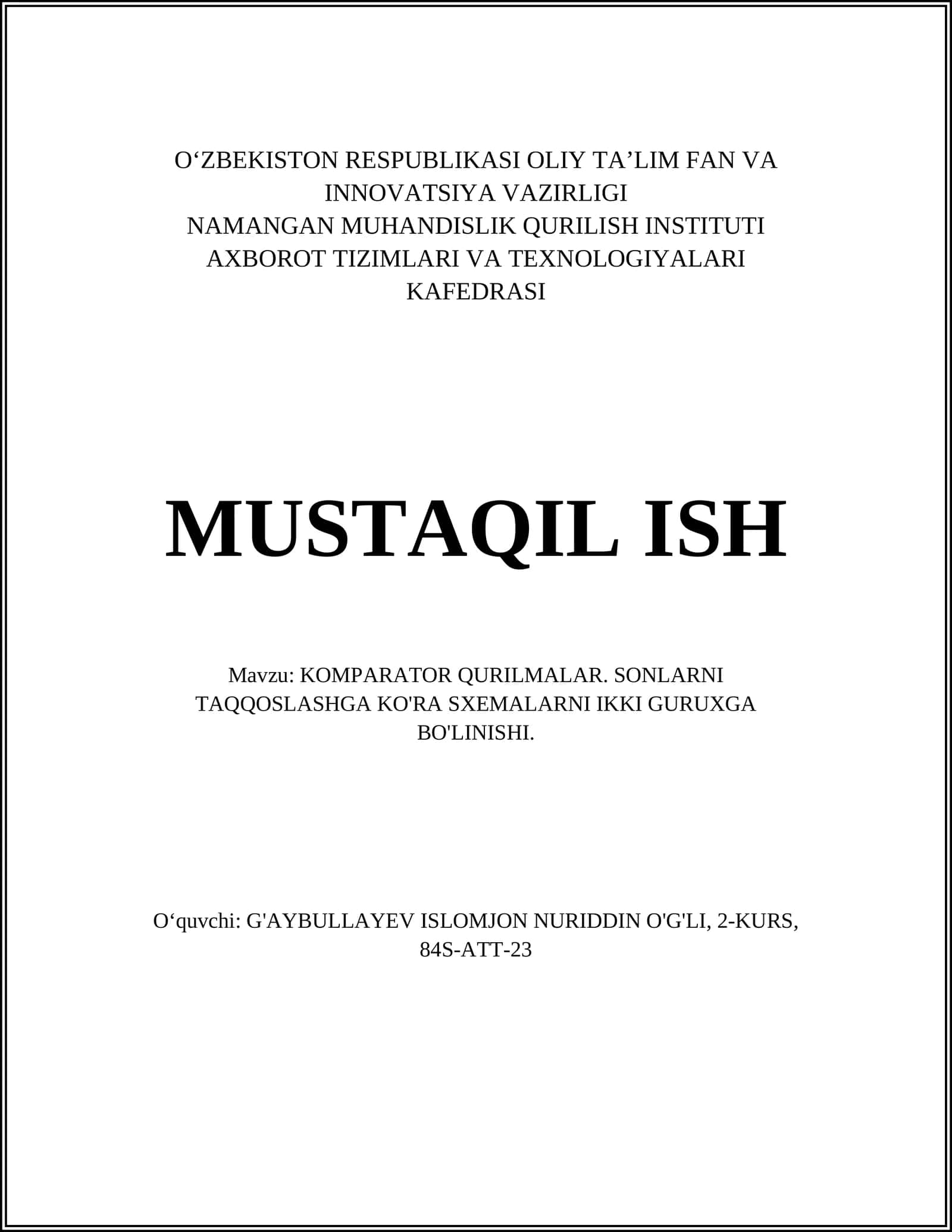 KOMPARATOR QURILMALAR. SONLARNI TAQQOSLASHGA KO'RA SXEMALARNI IKKI GURUXGA BO'LINISHI 1